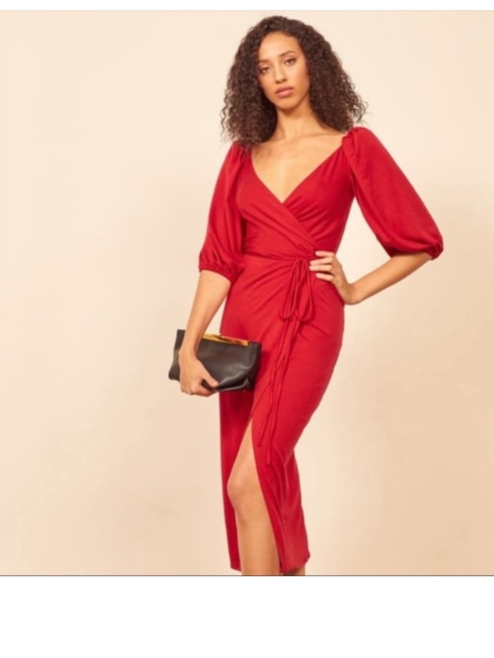 Reformation Red Wrap Midi Dress with Puff Sleeves Calabra